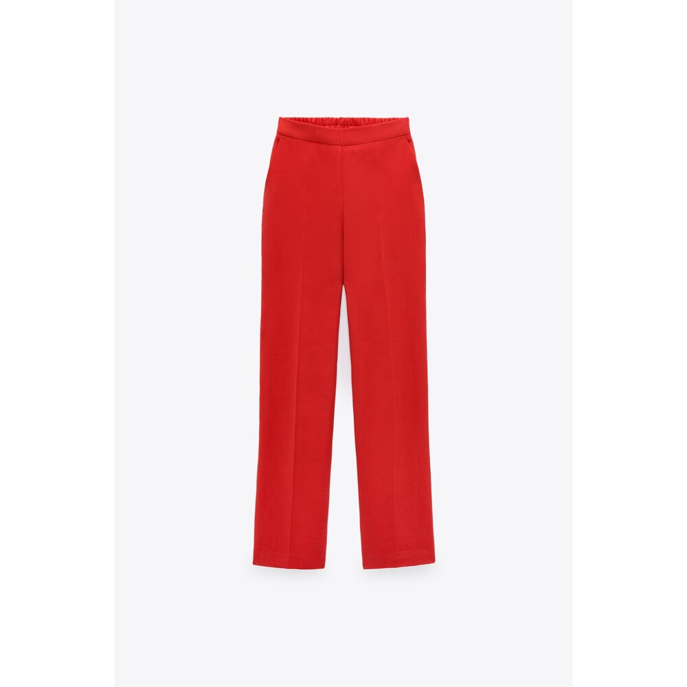 Red Zara Linen Blend Wide-Leg Pull-On Pants Trousers (NWT)